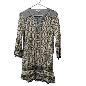 Kori America Dress Size Small Long Bell Sleeve Bohemian Black Tan Geometric